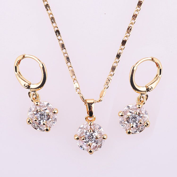 18K Gold Plated Luxury Round Cushion-Cut Zircon Necklace & Drop Earrings Jewelry Set