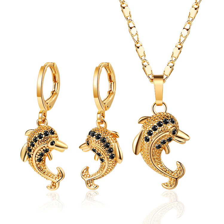 18K Gold Plated Cute Dolphin Zircon Pendant Necklace & Leverback Earrings Jewelry Set