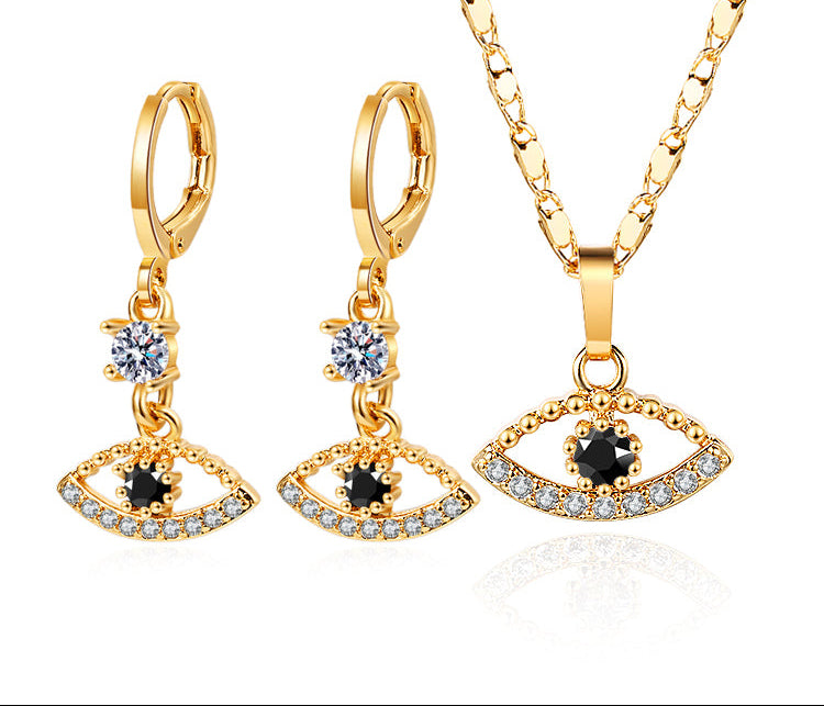 18K Gold Plated Mystic Evil Eye AAA Cubic Zirconia Necklace & Huggie Earrings Jewelry Set