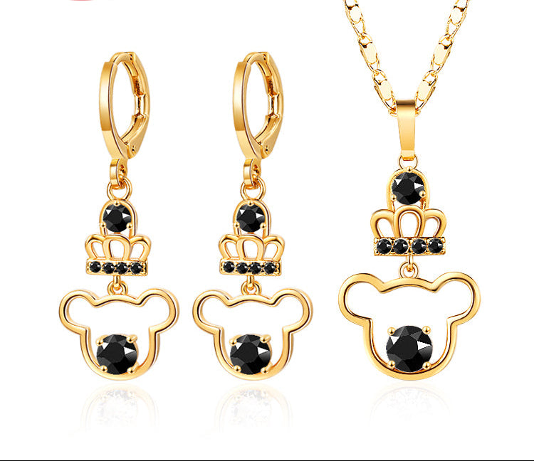 18K Gold Plated Crowned Cartoon Mouse Zircon Pendant Necklace & Earrings Jewelry Set