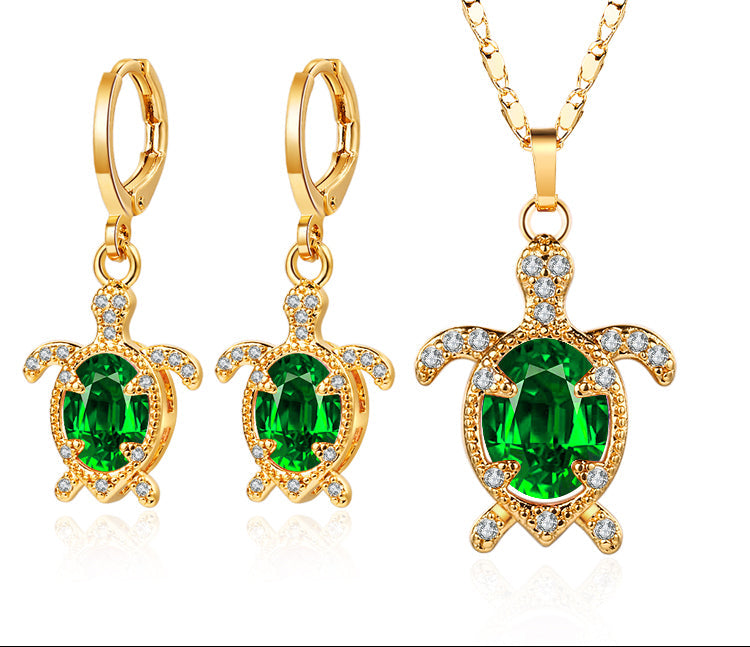 18K Gold Plated Cute Turtle Cubic Zirconia Necklace & Earrings Jewelry Set