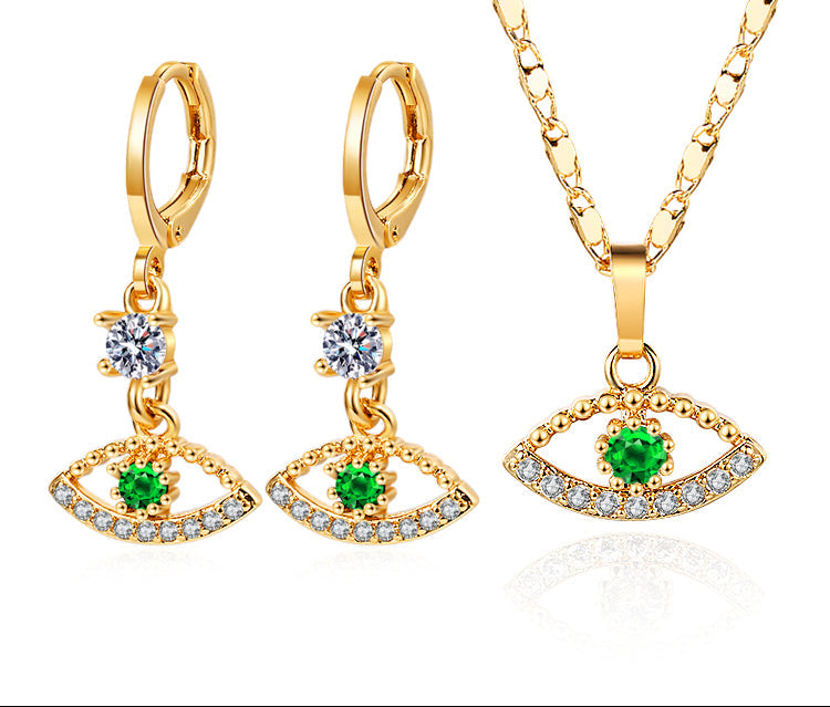 18K Gold Plated Mystic Evil Eye AAA Cubic Zirconia Necklace & Huggie Earrings Jewelry Set