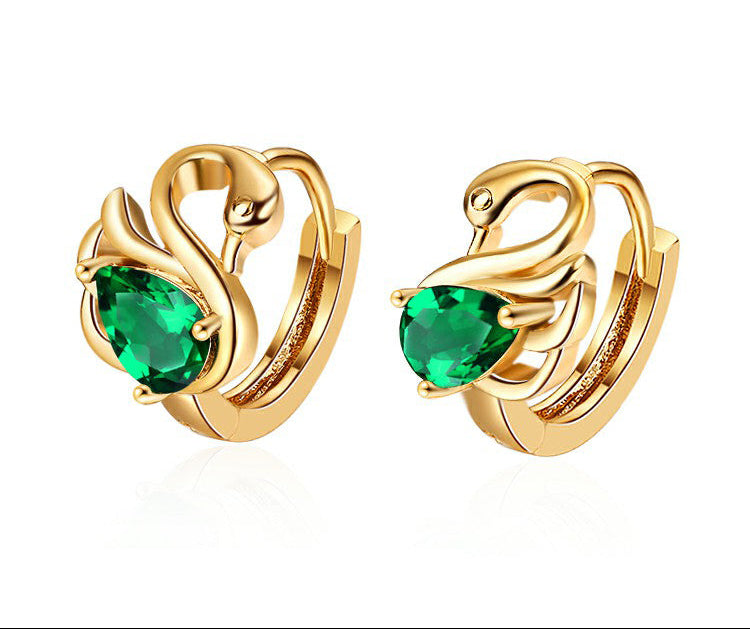 18K Gold Plated Majestic Swan Cubic Zirconia Huggie Hoop Earrings