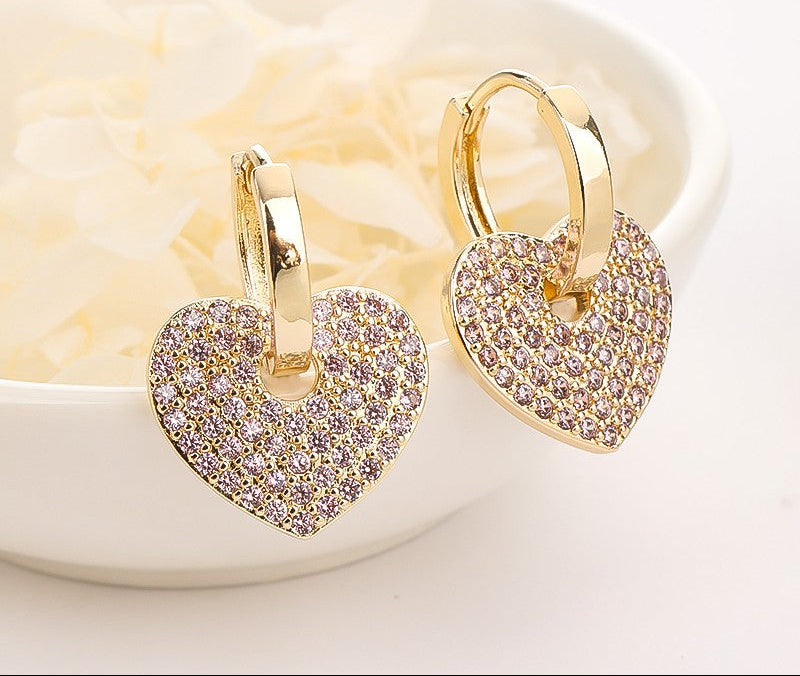 18K Gold Plated Romantic Pave Cubic Zirconia Heart Huggie Hoop Earrings