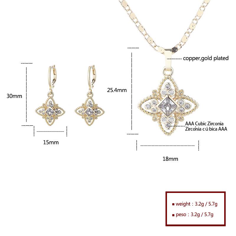18K Gold Plated Luxury Four-Leaf Floral Cubic Zirconia Necklace & Earrings Jewelry Set