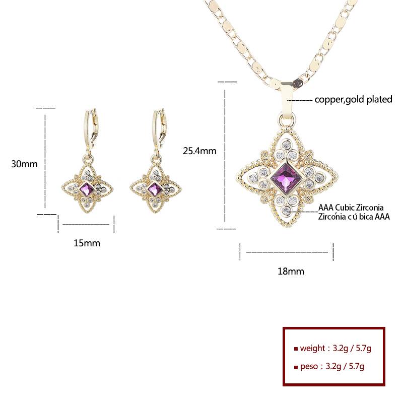 18K Gold Plated Luxury Four-Leaf Floral Cubic Zirconia Necklace & Earrings Jewelry Set