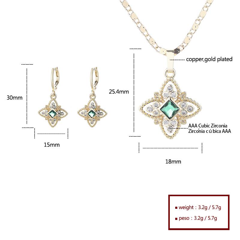 18K Gold Plated Luxury Four-Leaf Floral Cubic Zirconia Necklace & Earrings Jewelry Set