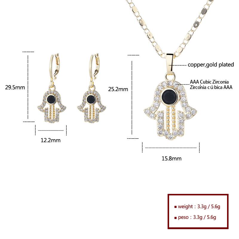 18K Gold Plated Hamsa Hand Protection Pendant Necklace & Huggie Earrings Jewelry Set