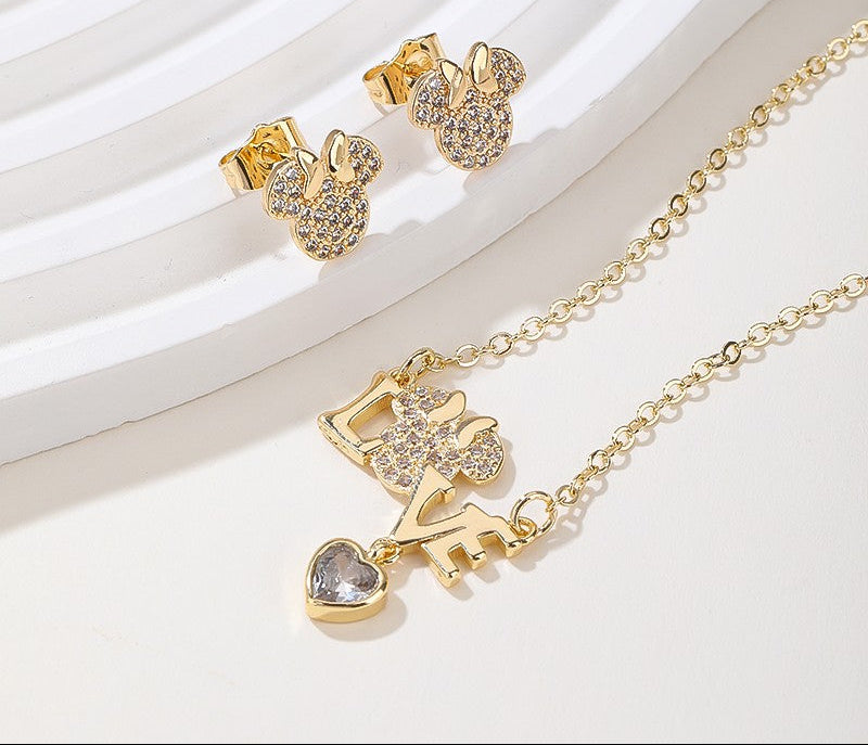 18K Gold Plated Vintage Floral Zircon Necklace & Earrings Jewelry Set