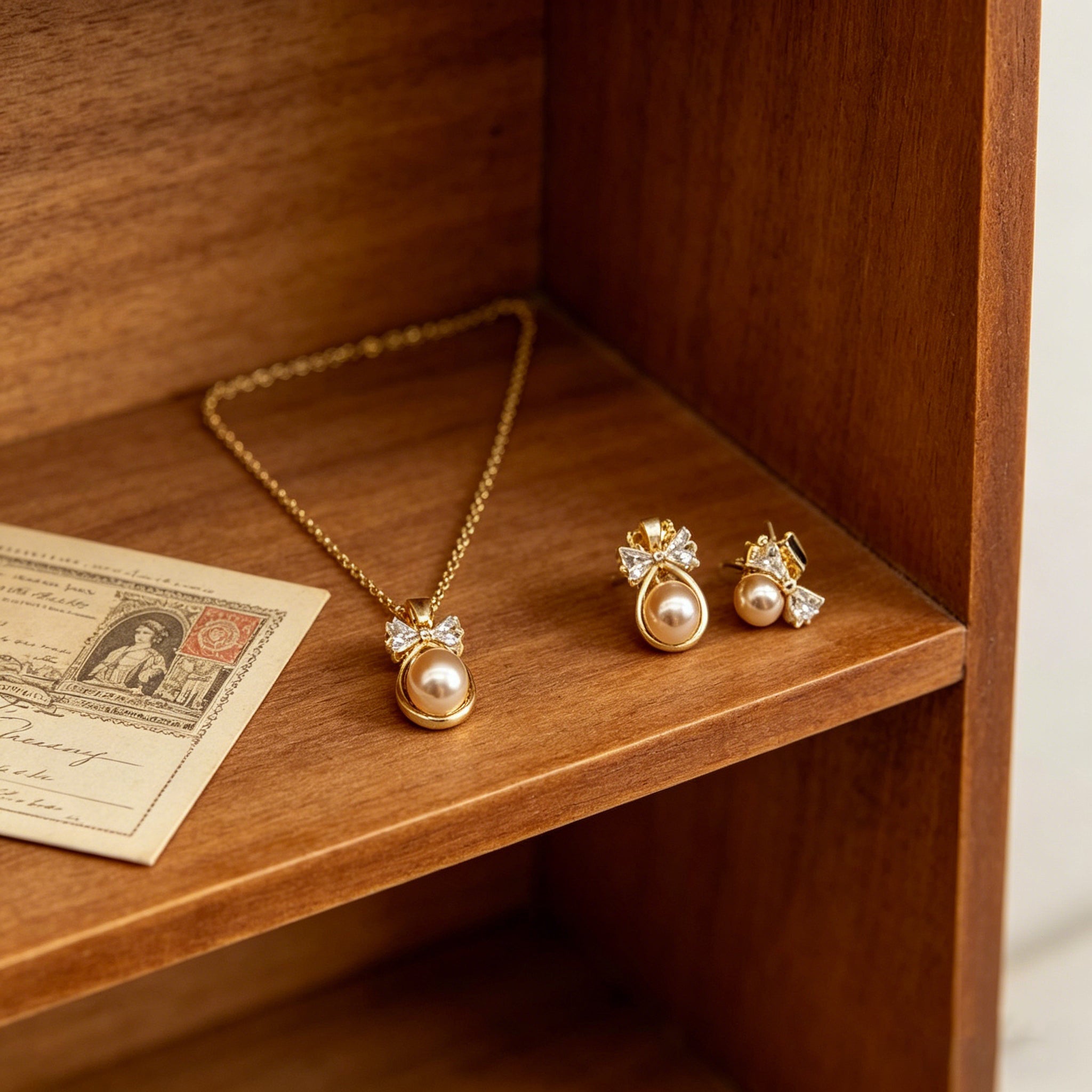 18K Gold Plated Zircon Bowknot & Elegant Pearl Pendant Necklace with Stud Earrings Jewelry Set