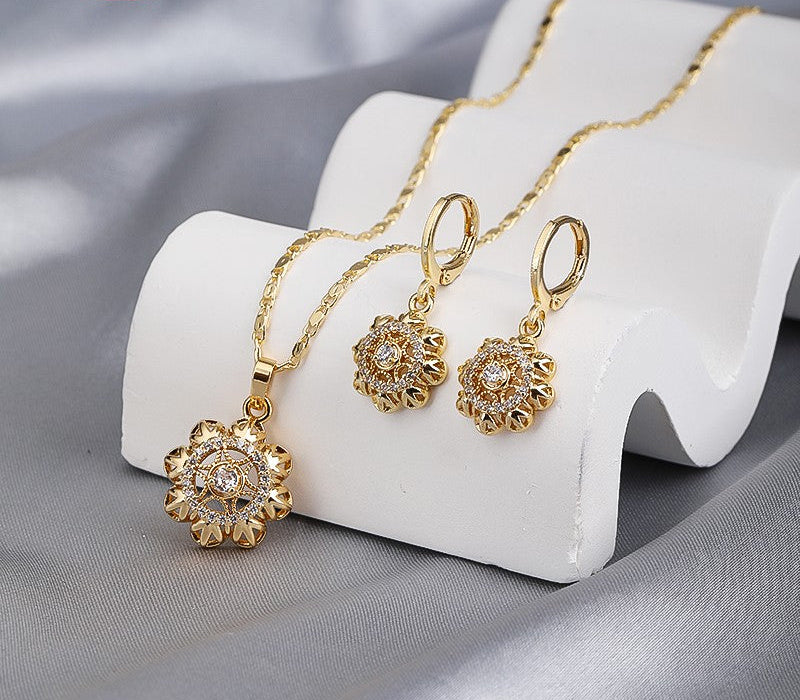 18K Gold Plated Vintage Floral Zircon Necklace & Earrings Jewelry Set