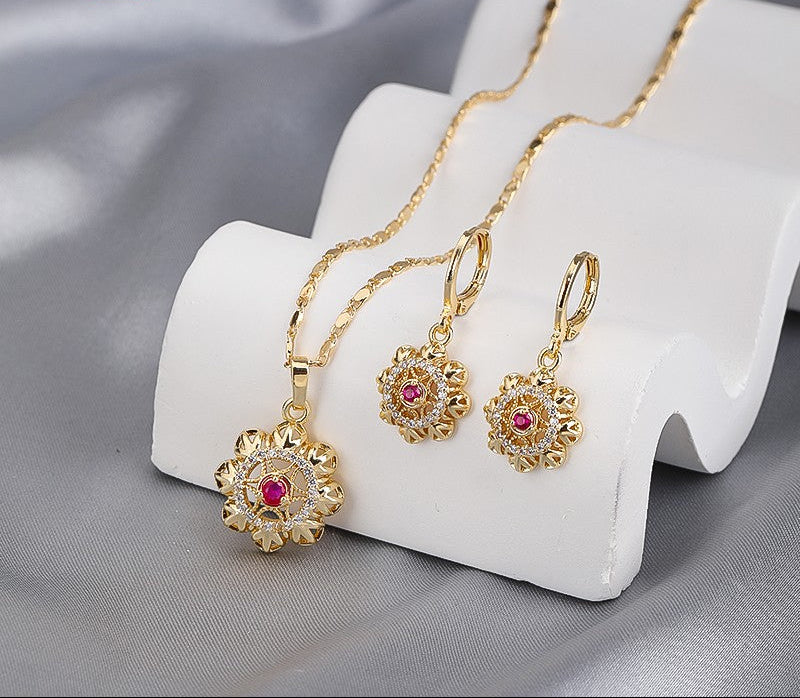 18K Gold Plated Vintage Floral Zircon Necklace & Earrings Jewelry Set