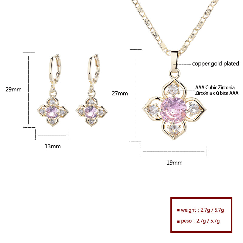 18K Gold Plated Four-Leaf Flower Crystal Pendant Necklace & Leverback Earrings Jewelry Set