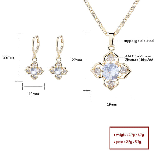 18K Gold Plated Four-Leaf Flower Crystal Pendant Necklace & Leverback Earrings Jewelry Set