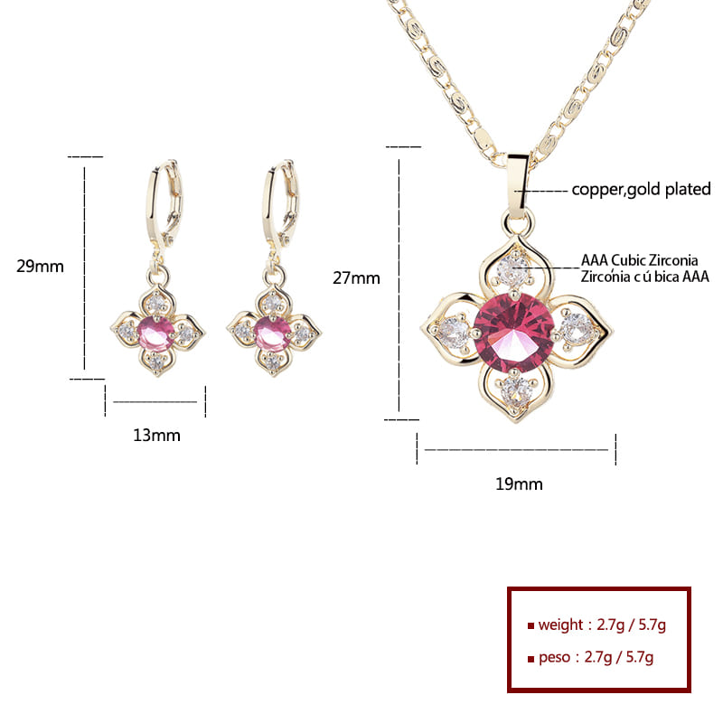 18K Gold Plated Four-Leaf Flower Crystal Pendant Necklace & Leverback Earrings Jewelry Set