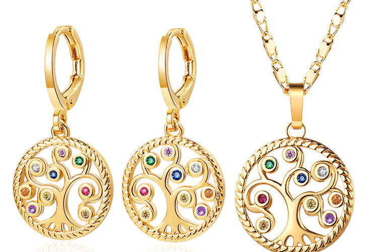 18K Gold Plated Tree of Life Jewelry Set - Necklace and Earrings with White Cubic Zirconia