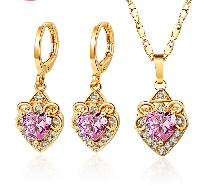 18K Gold Plated Vintage Heart-Shaped Cubic Zirconia Necklace & Earrings Jewelry Set