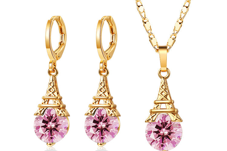 18K Gold Plated Eiffel Tower Necklace & Earrings Jewelry Set with Cubic Zirconia