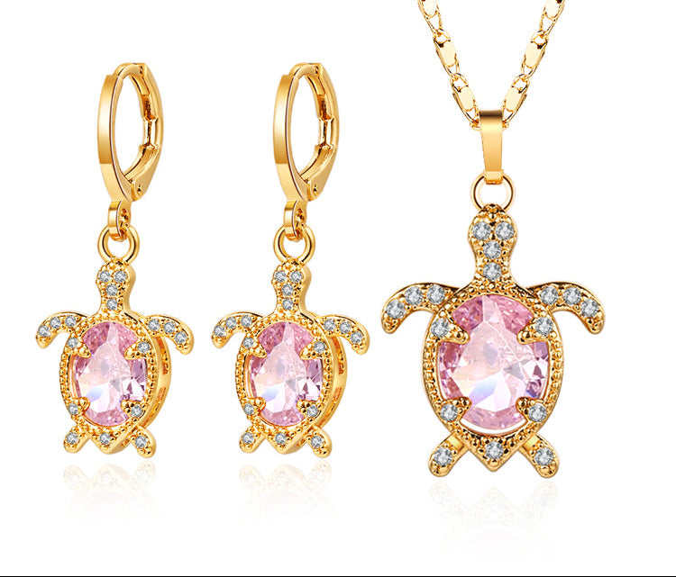 18K Gold Plated Cute Turtle Cubic Zirconia Necklace & Earrings Jewelry Set