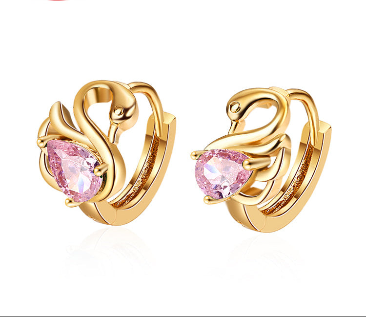 18K Gold Plated Majestic Swan Cubic Zirconia Huggie Hoop Earrings