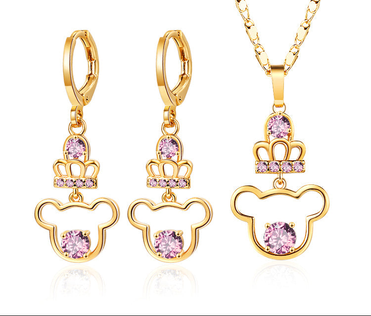 18K Gold Plated Crowned Cartoon Mouse Zircon Pendant Necklace & Earrings Jewelry Set