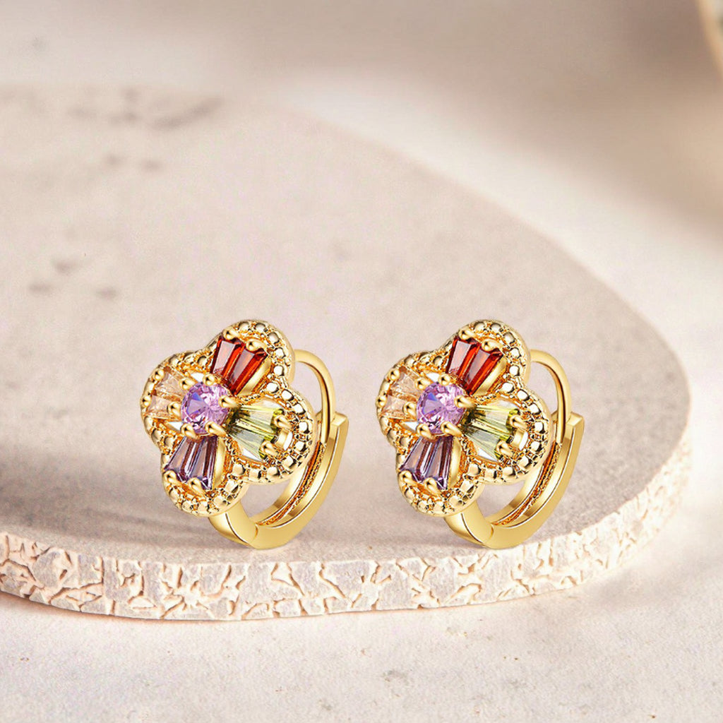18K Gold Plated Rainbow Crystal Flower Huggie Hoop Earrings for Women