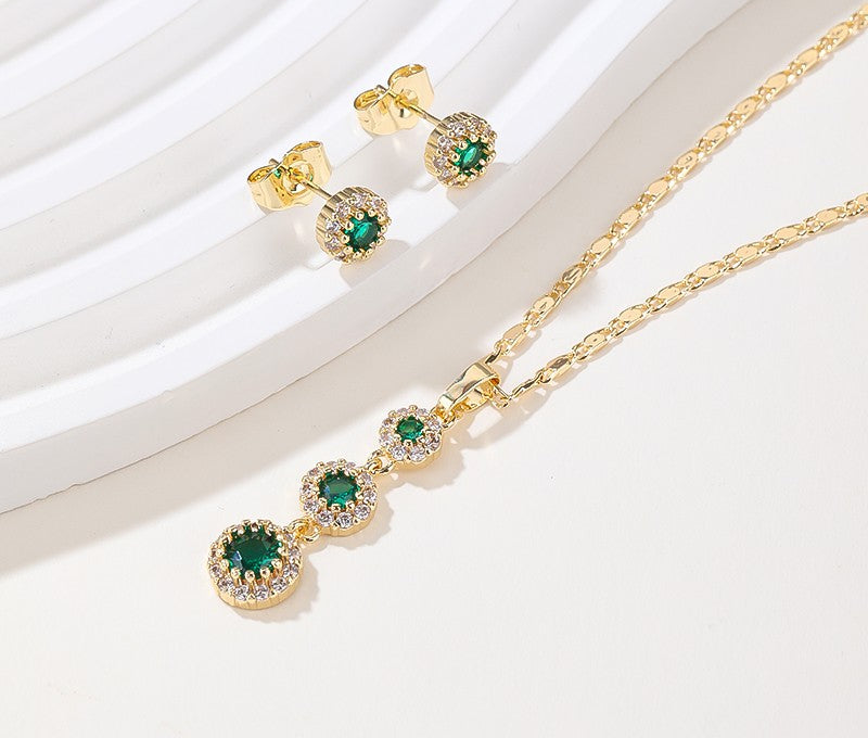 18K Gold Plated Emerald Green Tassel Halo Zircon Necklace & Earrings Jewelry Set