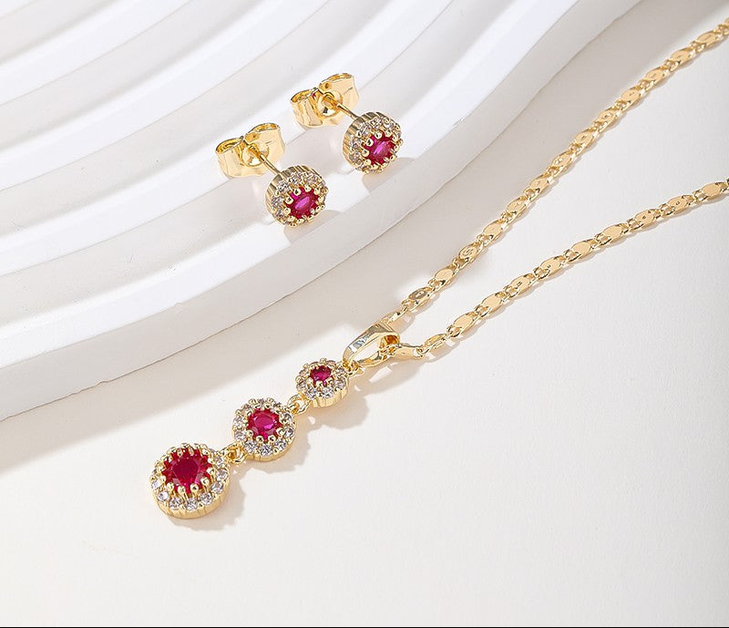18K Gold Plated Emerald Green Tassel Halo Zircon Necklace & Earrings Jewelry Set