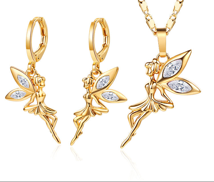 18K Gold Plated Tinkerbell Fairy Angel Necklace & Earrings Jewelry Set