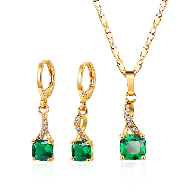 18K Gold Plated Vintage Twist Cushion-Cut Zircon Necklace & Earrings Jewelry Set