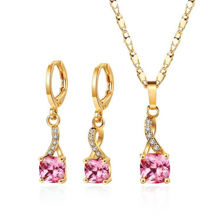 18K Gold Plated Vintage Twist Cushion-Cut Zircon Necklace & Earrings Jewelry Set