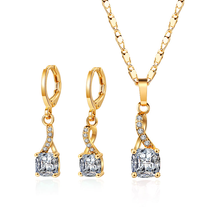 18K Gold Plated Vintage Twist Cushion-Cut Zircon Necklace & Earrings Jewelry Set