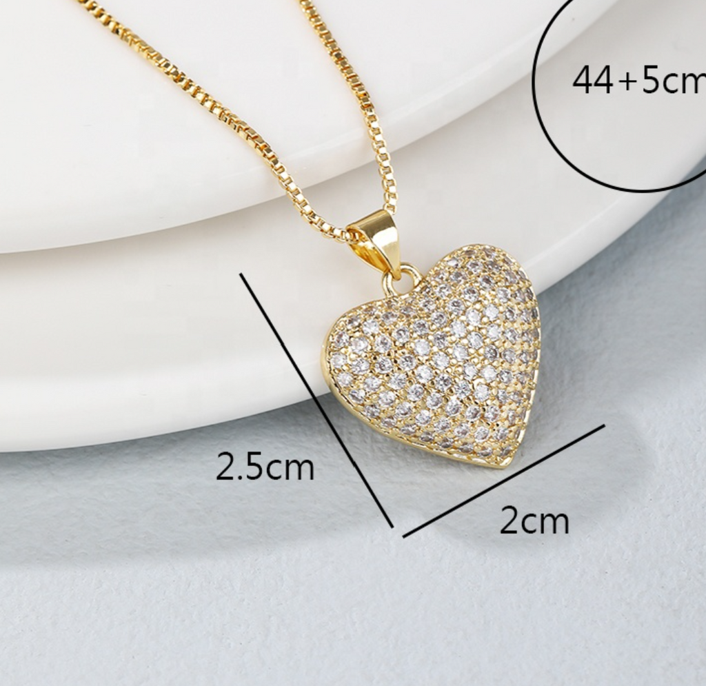 18K Gold Plated Heart Pendant Necklace with Cubic Zirconia Link Chain for Women