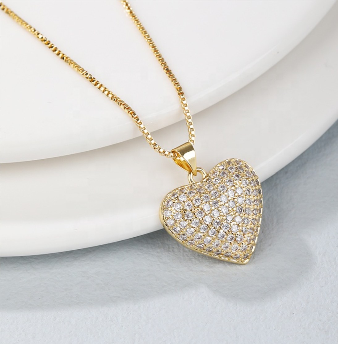 18K Gold Plated Heart Pendant Necklace with Cubic Zirconia Link Chain for Women