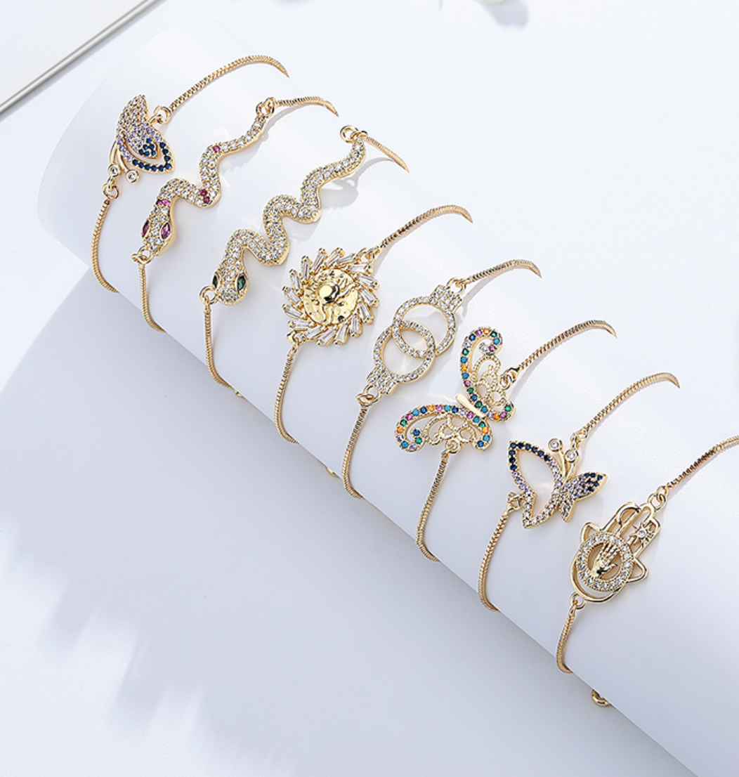 18K Gold Plated Adjustable Push-Pull Chain Bracelet with Sparkling Cubic Zirconia Charm