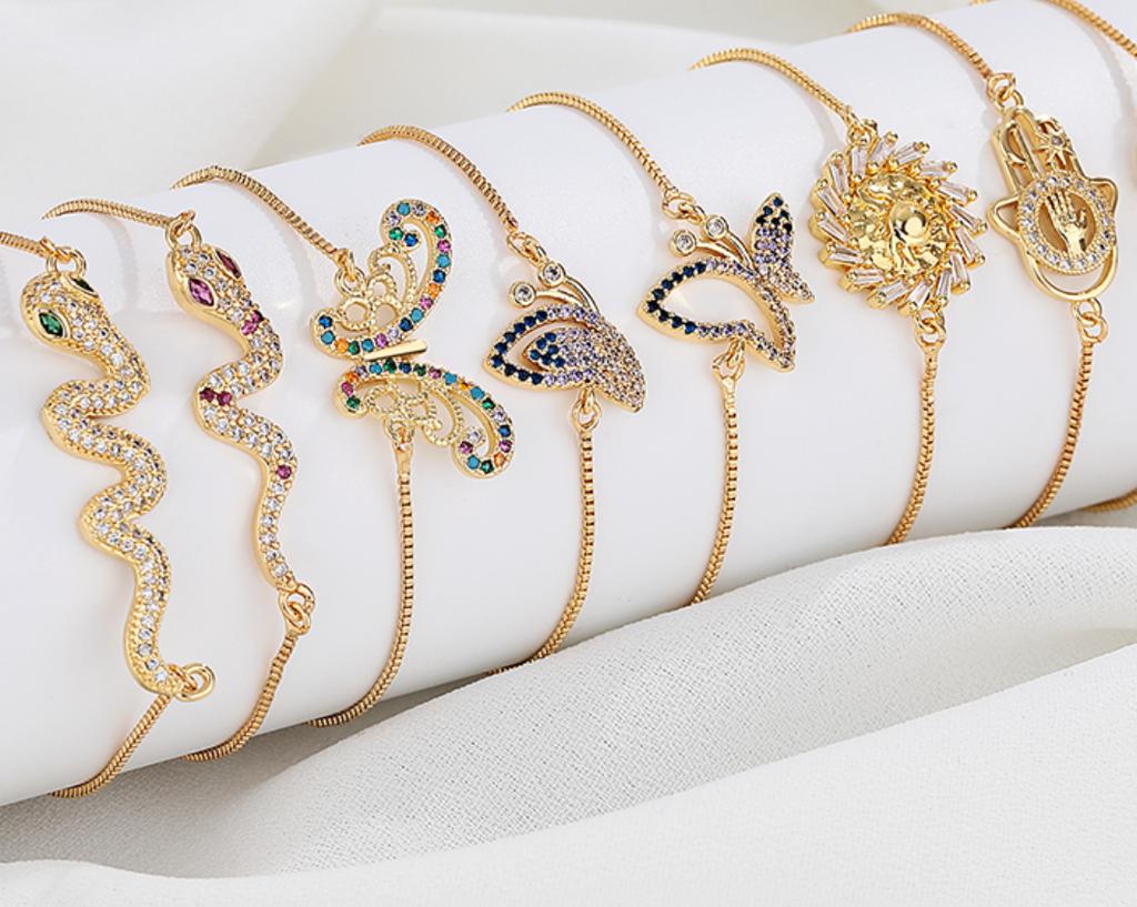 18K Gold Plated Adjustable Push-Pull Chain Bracelet with Sparkling Cubic Zirconia Charm