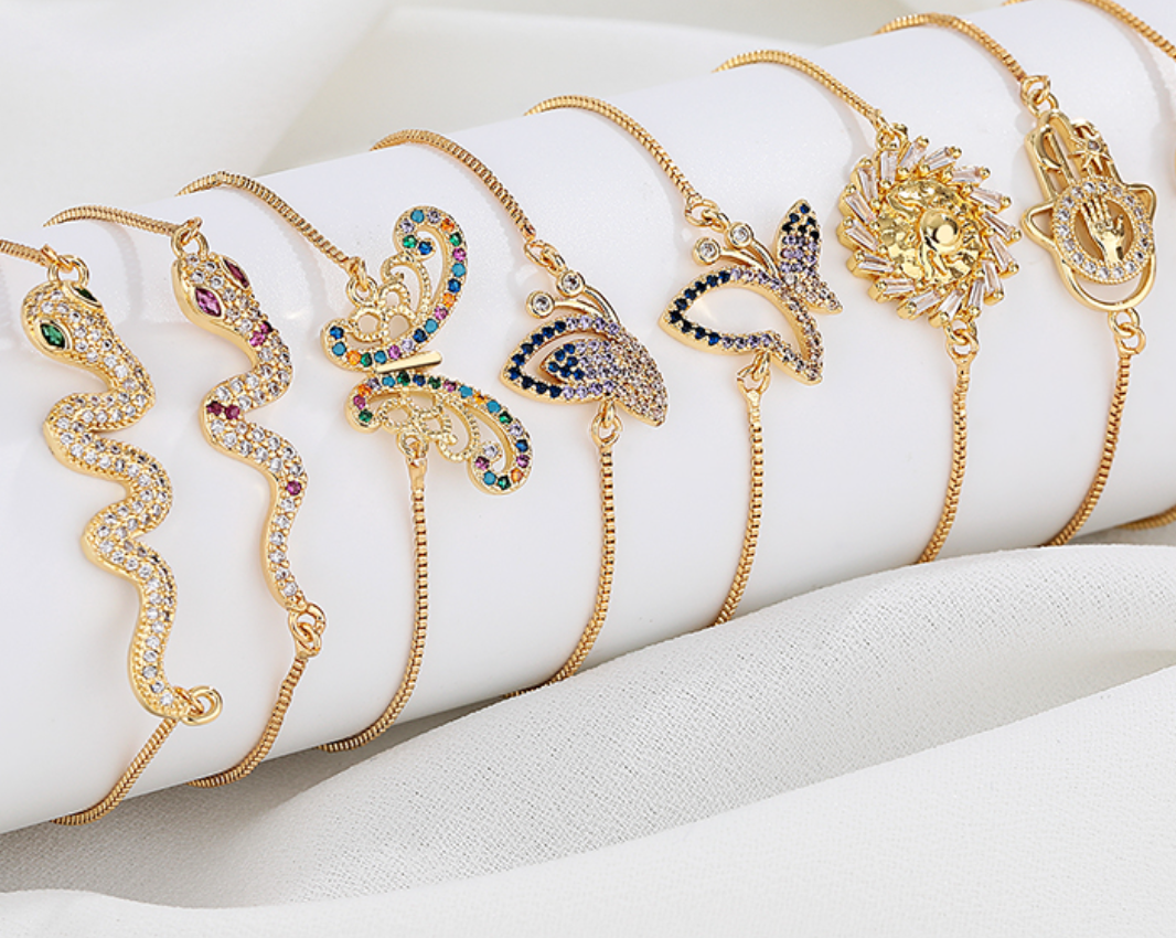 18K Gold Plated Adjustable Push-Pull Chain Bracelet with Sparkling Cubic Zirconia Charm