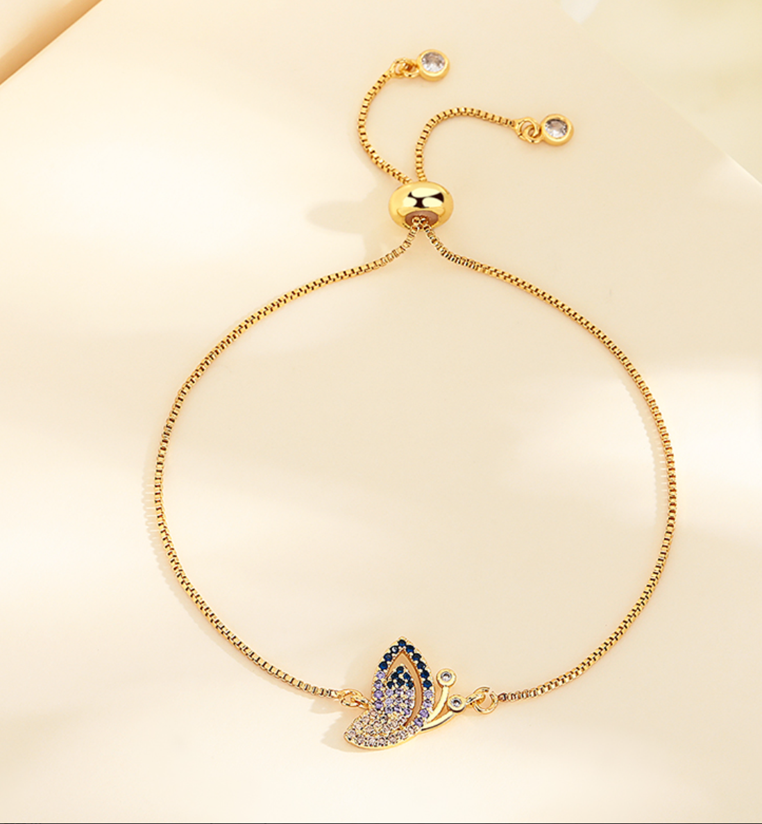 18K Gold Plated Adjustable Push-Pull Chain Bracelet with Sparkling Cubic Zirconia Charm
