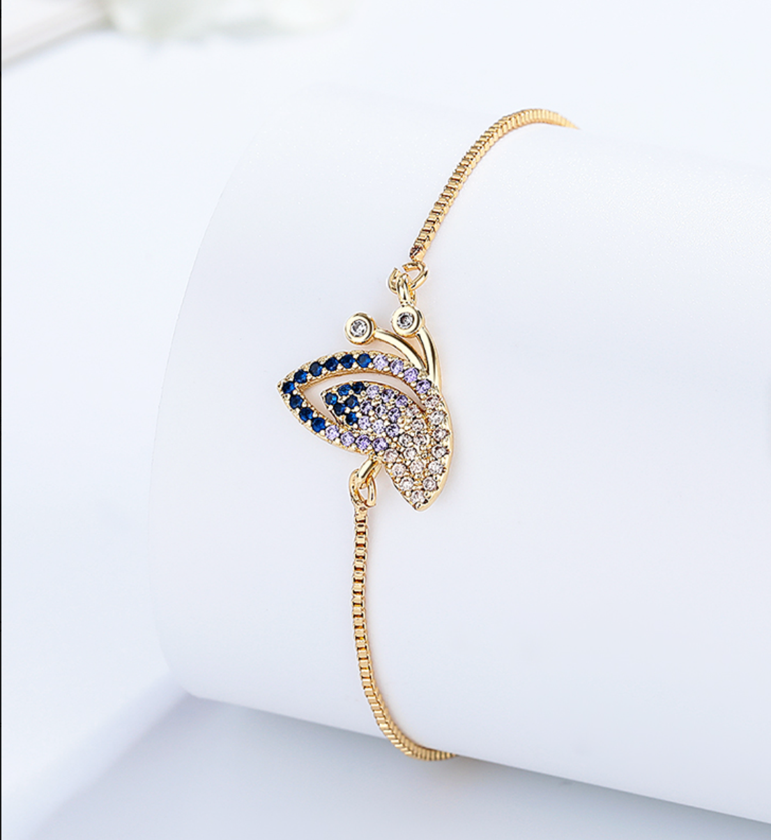 18K Gold Plated Adjustable Push-Pull Chain Bracelet with Sparkling Cubic Zirconia Charm