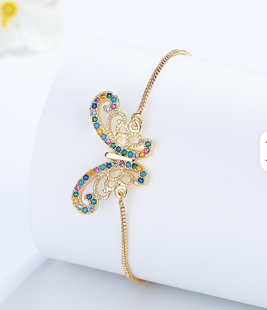 18K Gold Plated Adjustable Push-Pull Chain Bracelet with Sparkling Cubic Zirconia Charm