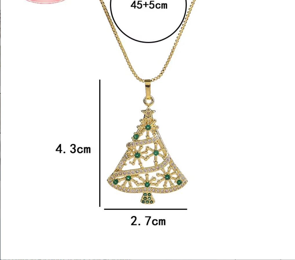 18K Gold Plated Christmas Tree Pendant Necklace with Cubic Zirconia for Women