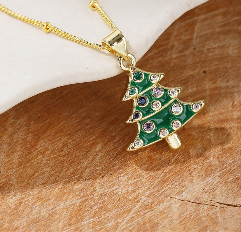 18K Gold Plated Christmas Tree Pendant Necklace with Cubic Zirconia for Women