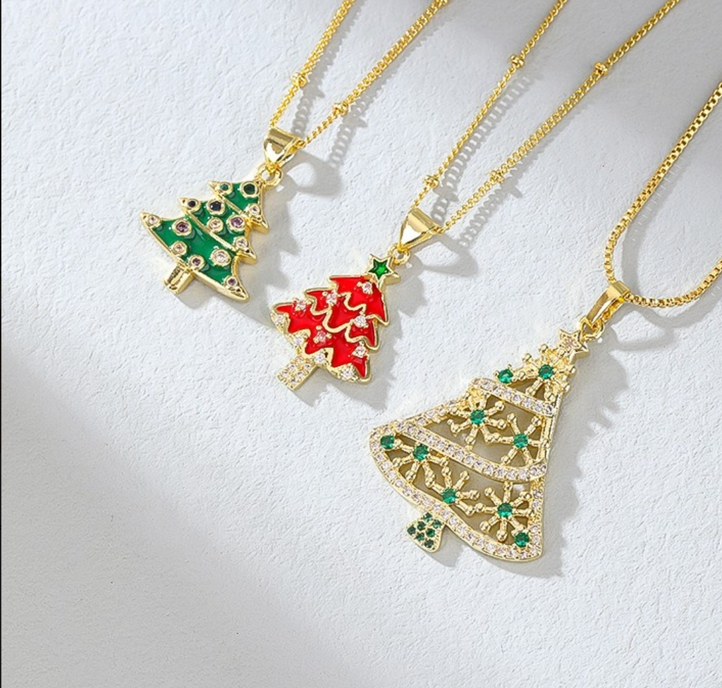 18K Gold Plated Christmas Tree Pendant Necklace with Cubic Zirconia for Women