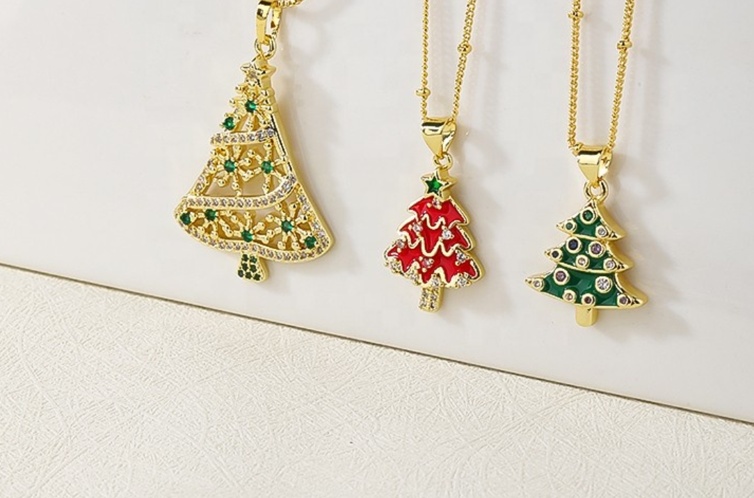 18K Gold Plated Christmas Tree Pendant Necklace with Cubic Zirconia for Women