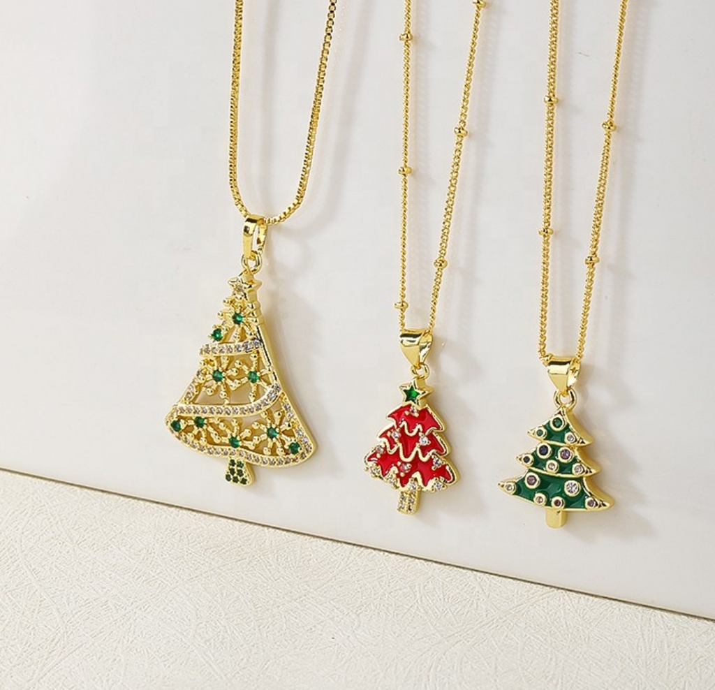 18K Gold Plated Christmas Tree Pendant Necklace with Cubic Zirconia for Women