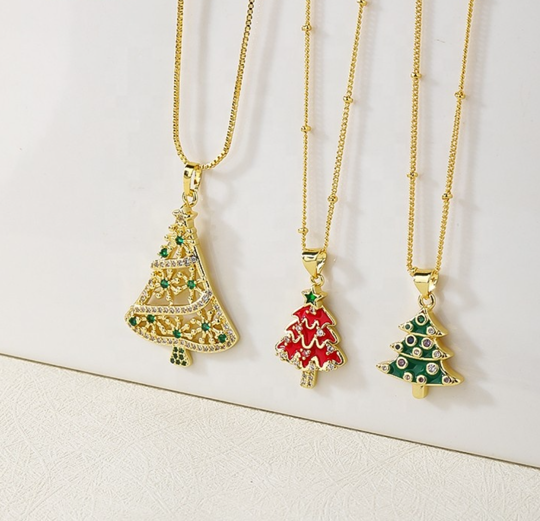 18K Gold Plated Christmas Tree Pendant Necklace with Cubic Zirconia for Women