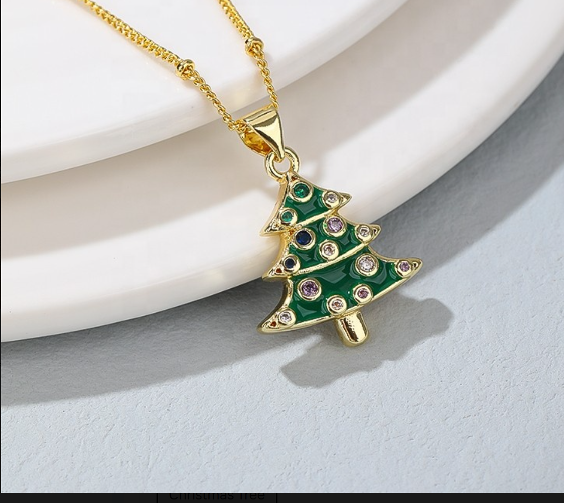 18K Gold Plated Christmas Tree Pendant Necklace with Cubic Zirconia for Women