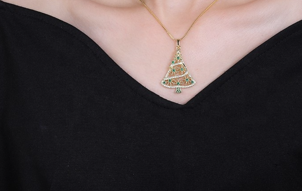 18K Gold Plated Christmas Tree Pendant Necklace with Cubic Zirconia for Women