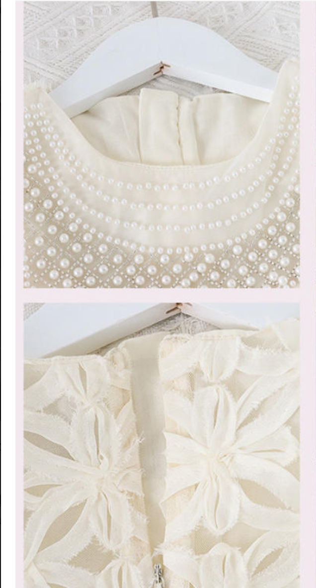 Vintage Pearl Embroidered Princess Party Dress - Premium T/C Fabric Gown