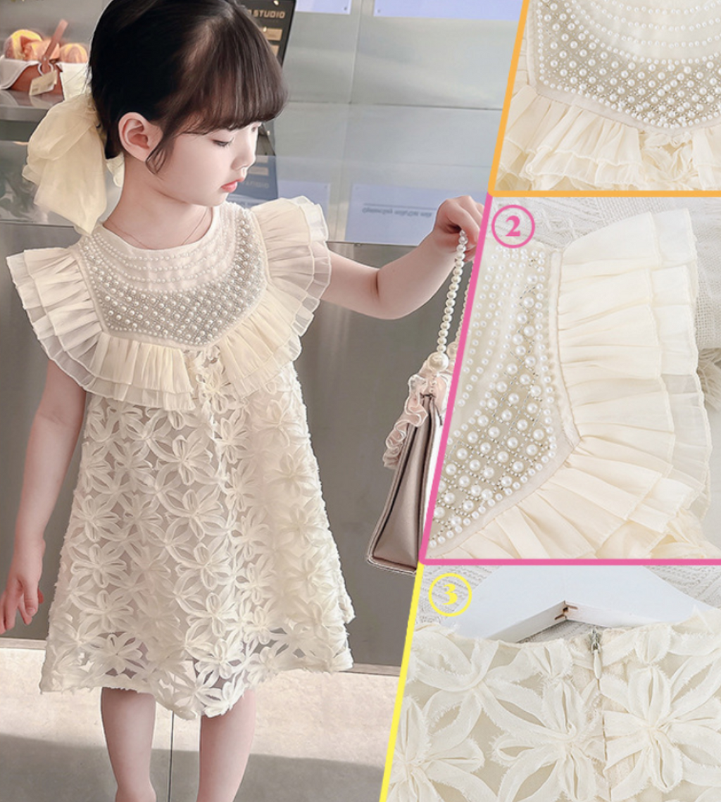 Vintage Pearl Embroidered Princess Party Dress - Premium T/C Fabric Gown